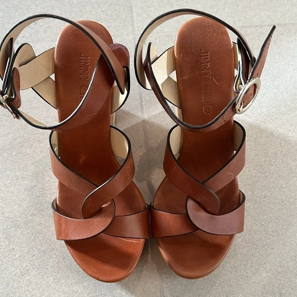 JIMMY CHOO ALEILI CORK PLATFORM WEDGE SANDALS BROWN LEATHER! New!